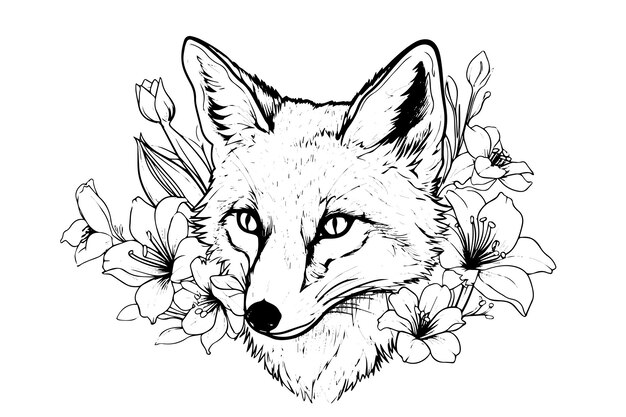 Cabeza de zorro enmarcada con flores boceto de tinta dibujado a mano Ilustración de vector de estilo grabado