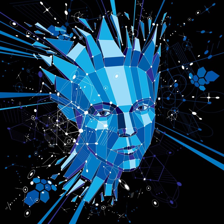 Vector cabezal de inteligencia artificial, objeto destrozado de estructura alámbrica vectorial 3d de estilo polivinílico bajo. el fondo modernista se puede utilizar en proyectos sobre el tema de la inteligencia y la imaginación humanas.
