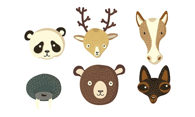 Cabezas de animales divertidos aislados en un conjunto vectorial de fondo blanco
