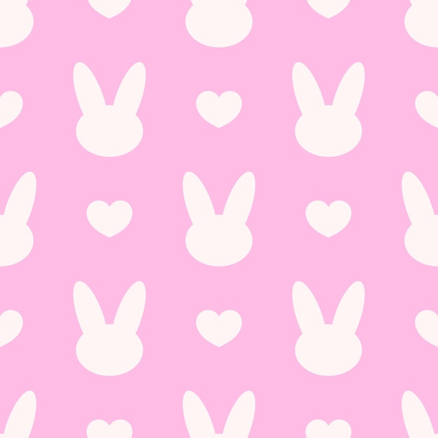 Cabezas de conejos blancos siluetas y corazones en fondo rosado patrón sin costuras vectorial