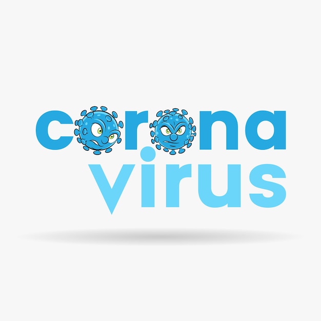 Vector cabezas de dibujos animados de coronavirus con letras minúsculas azules