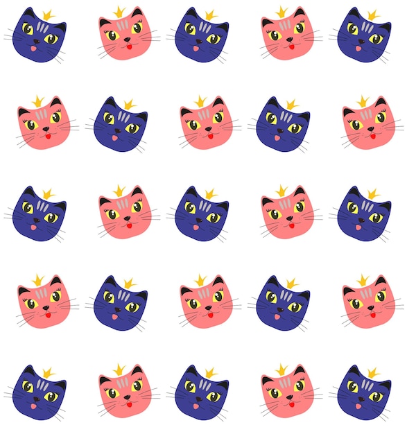 Cabezas lindas dibujadas a mano de gatos rosas y azules patrón sin costuras ilustración vectorial