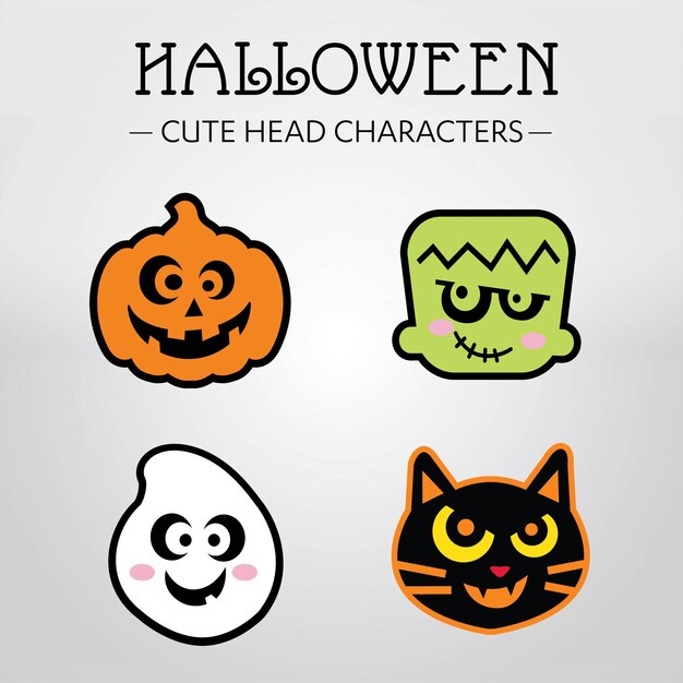 Cabezas lindas de Halloween Personaje Calabaza Fantasma Gato amp frankenstein Ilustración vectorial de Halloween