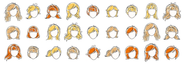 Cabezas de peinados de mujer ilustraciones vectoriales aisladas en fondo blanco, atractiva colección de cortes de pelo hermosa chica, color de pelo diferente.