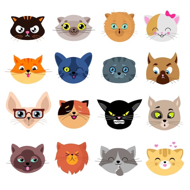 Cabezas de personajes lindo gato con diferentes emociones vector set