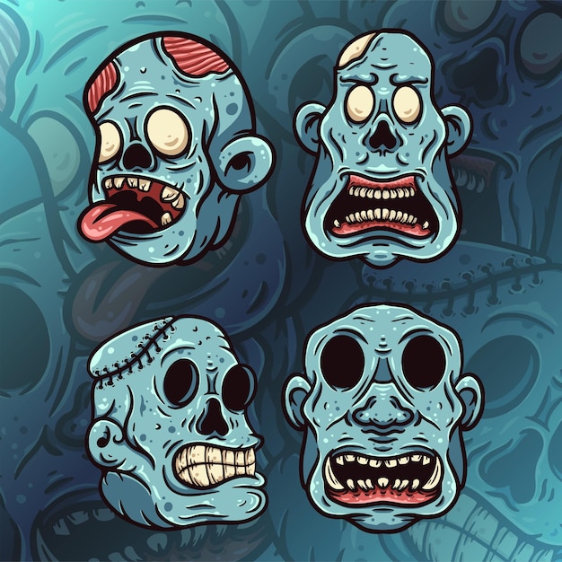 Cabezas de zombis de dibujos animados ilustración de imágenes prediseñadas vectoriales
