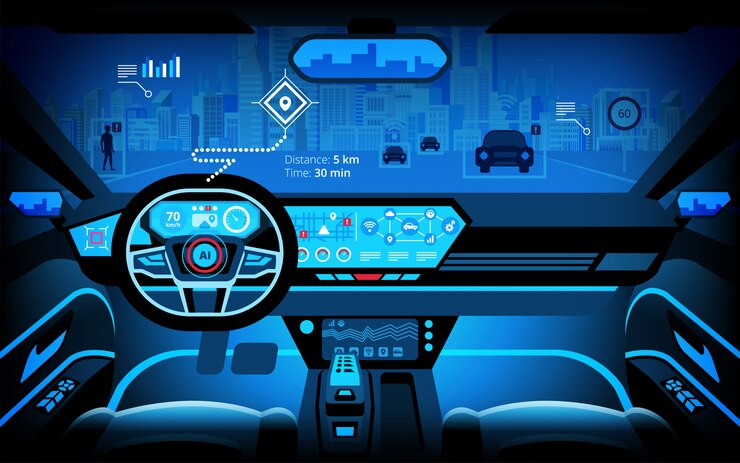 Vector cabina de automóvil, varios monitores de información y pantallas de visualización. automóvil autónomo, automóvil sin conductor, sistema de asistencia al conductor, acc (adaptive cruise control), ilustración