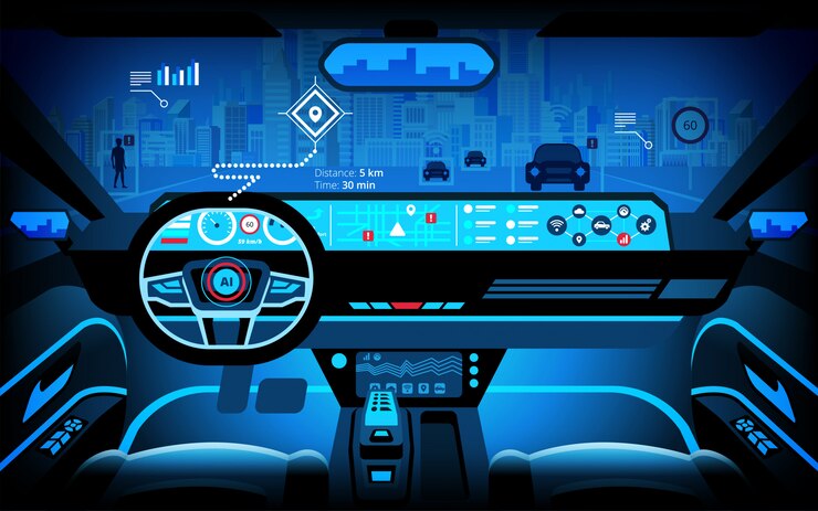 Vector cabina de automóvil, varios monitores de información y pantallas de visualización. automóvil autónomo, automóvil sin conductor, sistema de asistencia al conductor
