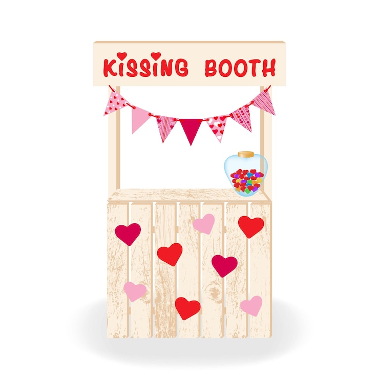 Vector cabina de besos. decoración festiva realizada en madera con corazones y banderas caseta de besos. para celebrar