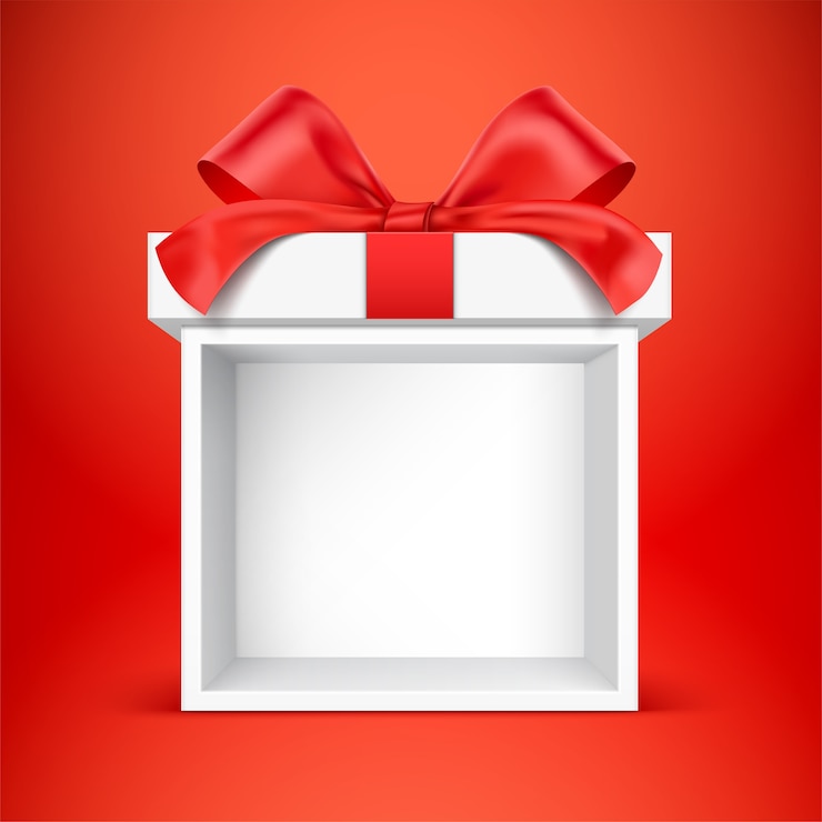 Vector cabina de caja de regalo blanca vacía, sobre fondo rojo.