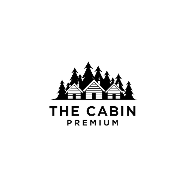 Cabina de madera premium y bosque de pinos diseño de logotipo negro vector retro aislado fondo blanco