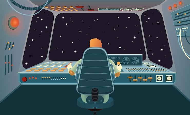 Vector cabina de nave espacial con astronautas detrás del panel de control