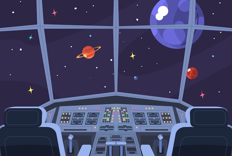 Vector la cabina de la nave espacial interestelar en el interior del transbordador de cohetes futurista en la misión espacial de la galaxia alienígena cosmos panel de control de jet de la nave ilustración vectorial interior de dibujos animados