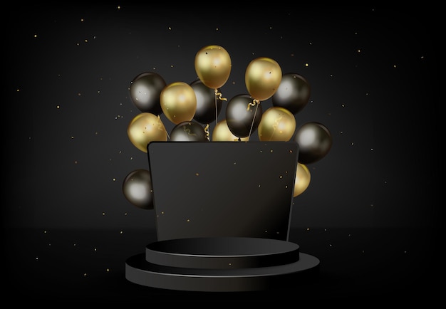 Cabina negra con decoración de globo dorado y negro sobre fondo negro