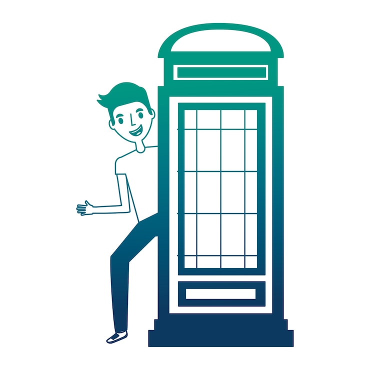 Vector cabina telefónica británica clásica con el hombre joven