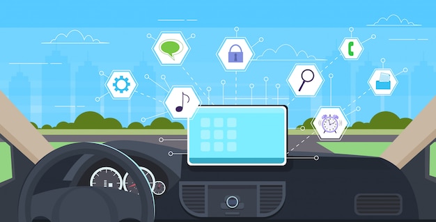Vector cabina del vehículo con aplicaciones inteligentes de asistencia a la conducción automóvil asistente de computadora menú tablero pantalla multimedia concepto moderno interior del coche horizontal