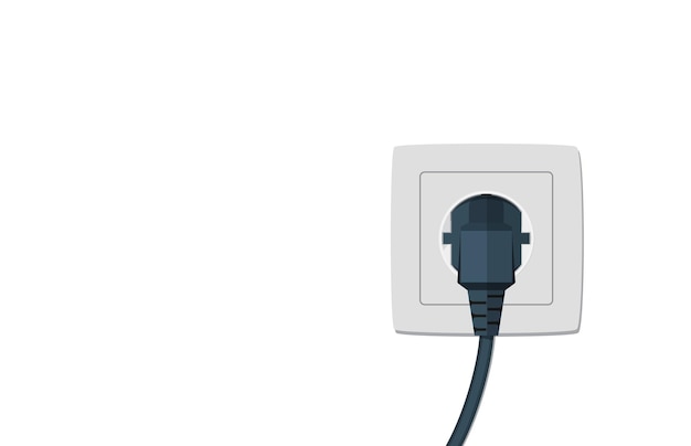 Cable eléctrico negro conectado a un solo enchufe eléctrico sobre fondo blanco Ilustración vectorial en estilo plano