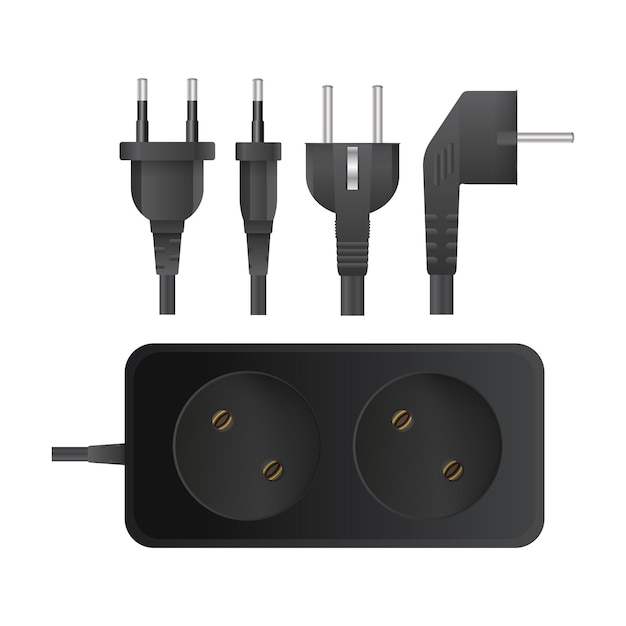 Cable de extensión negro con dos enchufes. Toma portátil. Juego de enchufes para tomas de corriente. Estilo realista. Vector.