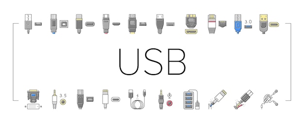 El cable USB y el puerto compran iconos y establecen el vector