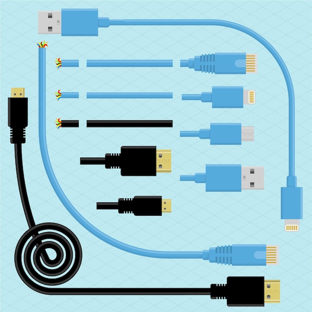 Cables y conectores. conjunto de elementos de diseño de pincel. conectores usb, dvi, mini usb y mini dvi.