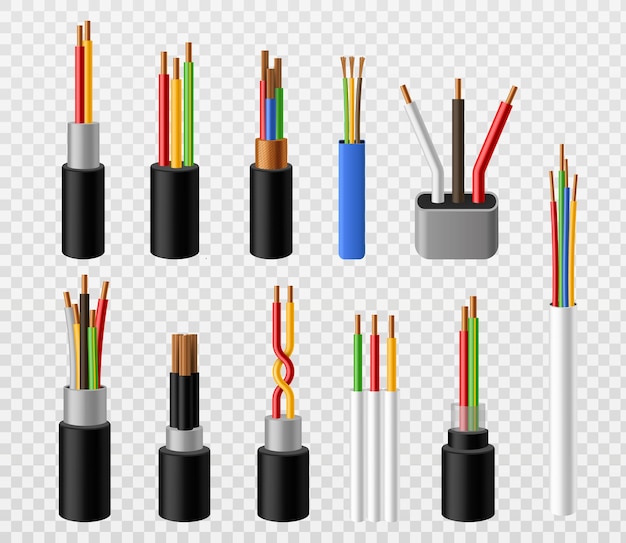 Cables electricos. alambre industrial de cobre industrial, coloridos conductores de internet telefónicos 3d. conexiones eléctricas de voltaje, conjunto realista de vector de electricidad aislado sobre fondo transparente