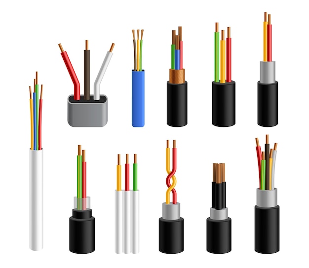 Cables eléctricos alambres de cobre realistas conjunto de conductores de electricidad de colores 3d paquetes industriales de cables de alimentación entrelazados conductores eléctricos núcleo de metal en aislamiento de caucho seguro cableado vectorial