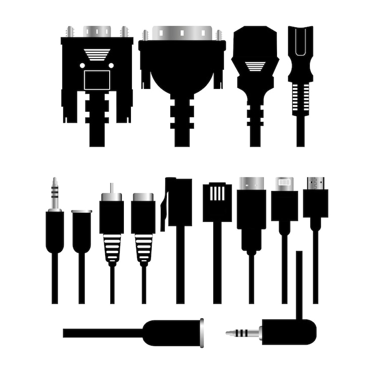 Vector cables de iconos de hardware de monitor diferentes tipos de cables de conectores de cable de computadora universales microusb miniusb usb typea usb typeb cable tulip cable jack