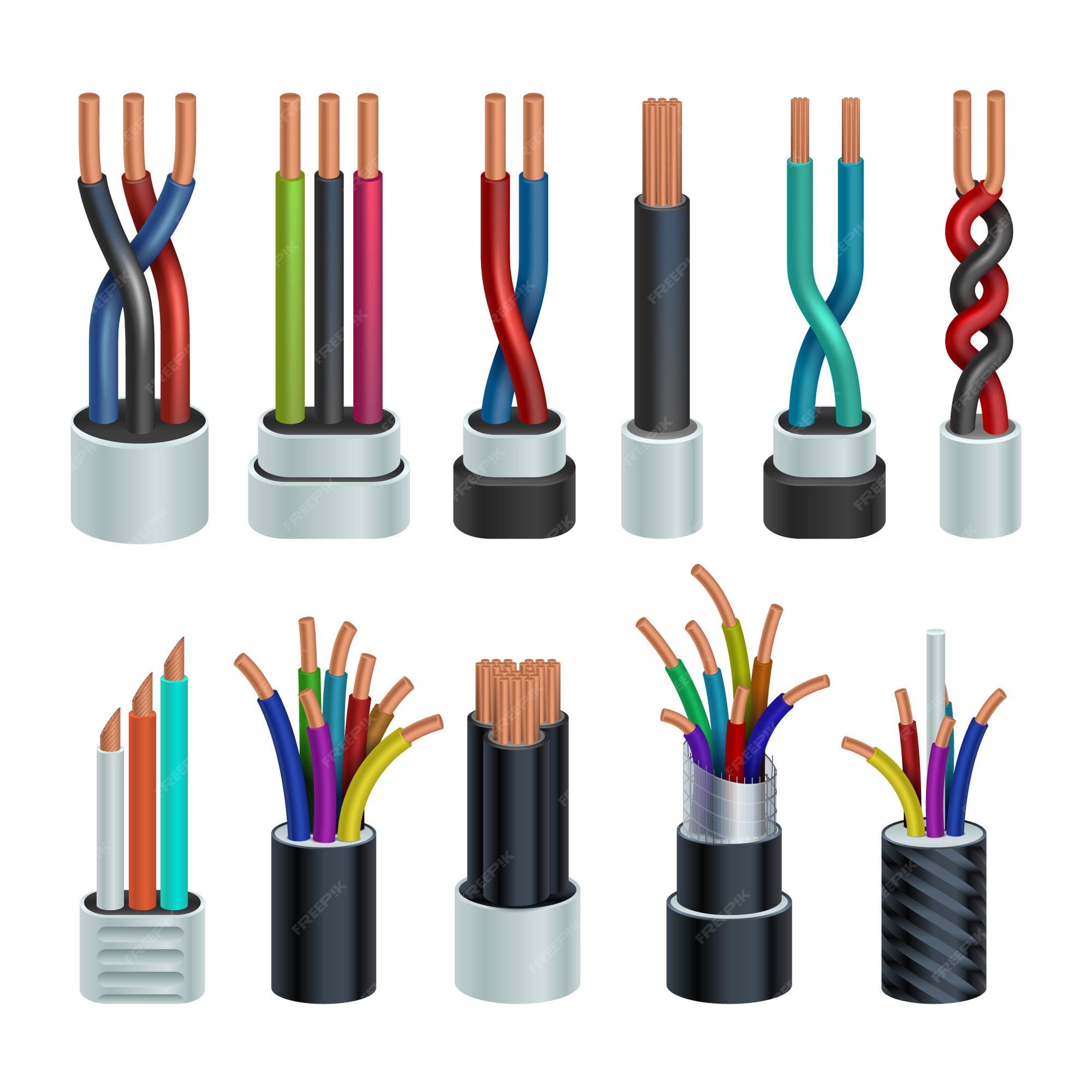 Ten cuidado Reino lona Cables industriales eléctricos realistas, cables eléctricos de cobre  conjunto aislado | Vector Premium