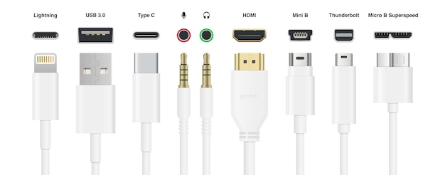 Cables realistas USB HDMI tipo C relámpago Mini Jack Mini B Micro B Ilustración vectorial de Thunderbolt