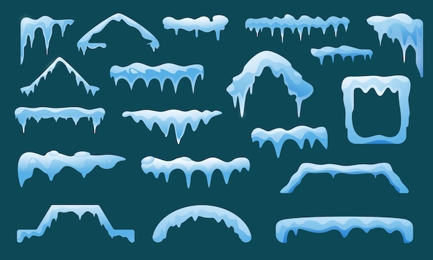 Cabo de techo de nieve Caída de nieve invierno Deslizamiento de nieve marco de frontera colección pila de bolas de nieve y pico congelado borde helado conjunto de dibujos animados vectorial