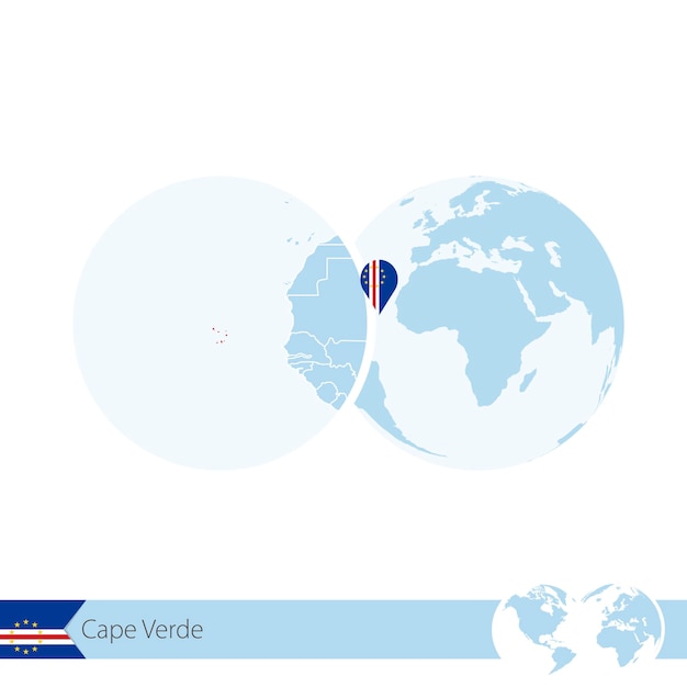 Cabo verde en el globo terráqueo con bandera y mapa regional de cabo verde. ilustración de vector.