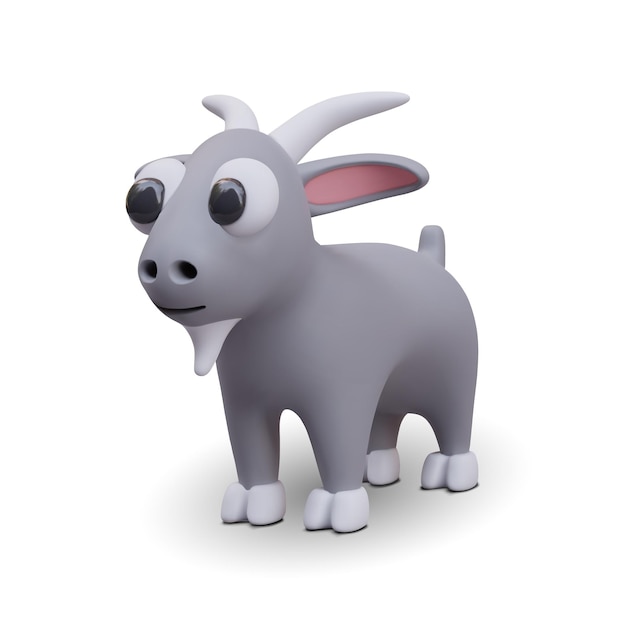 Cabra con cuernos vectorial realista en 3D Animal gracioso con ojos grandes Criatura cómica gris
