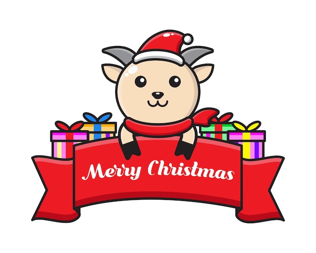 Cabra de dibujos animados lindo con cinta de felicitación de Navidad