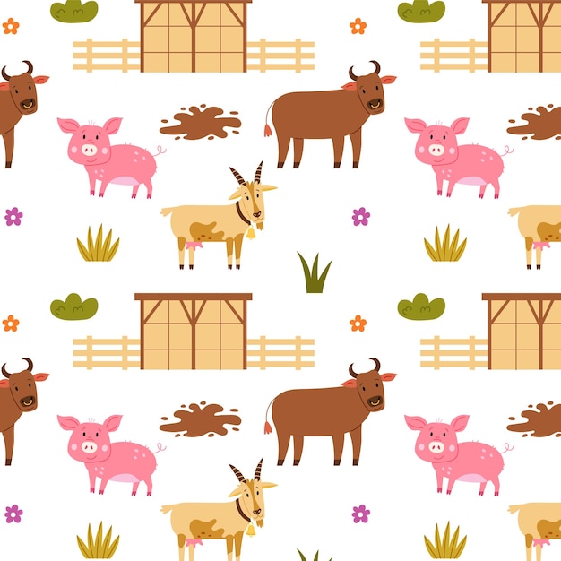 Cabra de toro de cerdo de granja granero de patrones sin fisuras. Fondo repetitivo con motivo rústico. Vector mano dibujar papel, papel tapiz de diseño de vivero