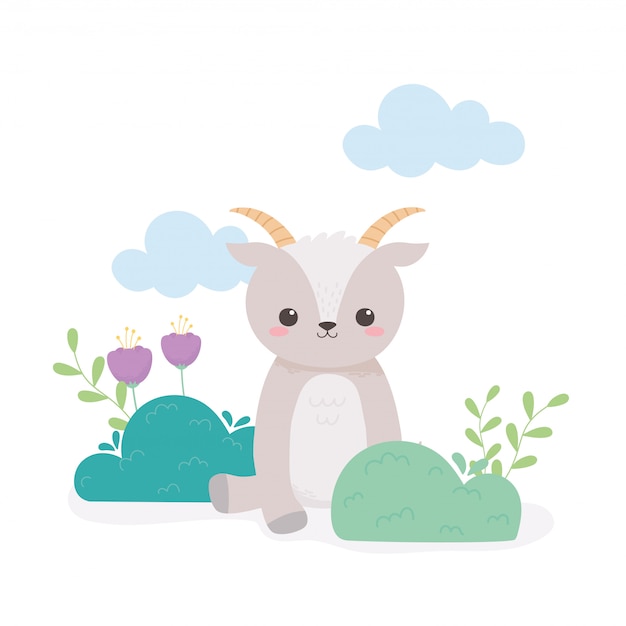 Cabrito sentado con hojas de follaje de flores ilustración de vector de animal de dibujos animados