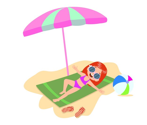 Cabrito en toalla de playa bajo paraguas ilustración vectorial de dibujos animados plana aislado