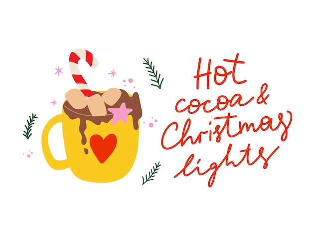 Cacao caliente y luces navideñas dibujadas a mano con letras higge de invierno y una acogedora taza dibujada a mano