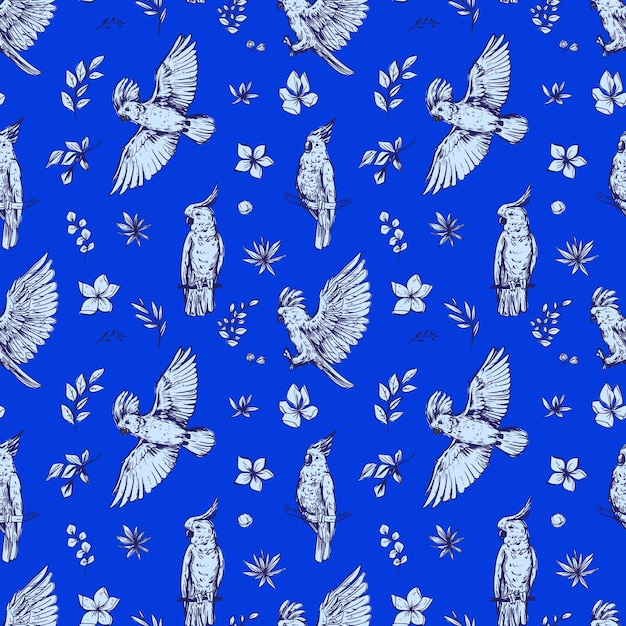 Cacatua pájaro tropical loro diseño de patrones sin costura ilustraciones vectoriales bocetos