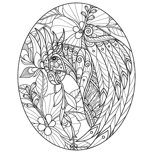 Cacau y flor de hibisco en huevo dibujado a mano para libro de colorear para adultos