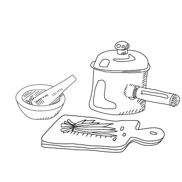 Cacerola con utensilios de cocina Ilustración de contorno vectorial de cocina