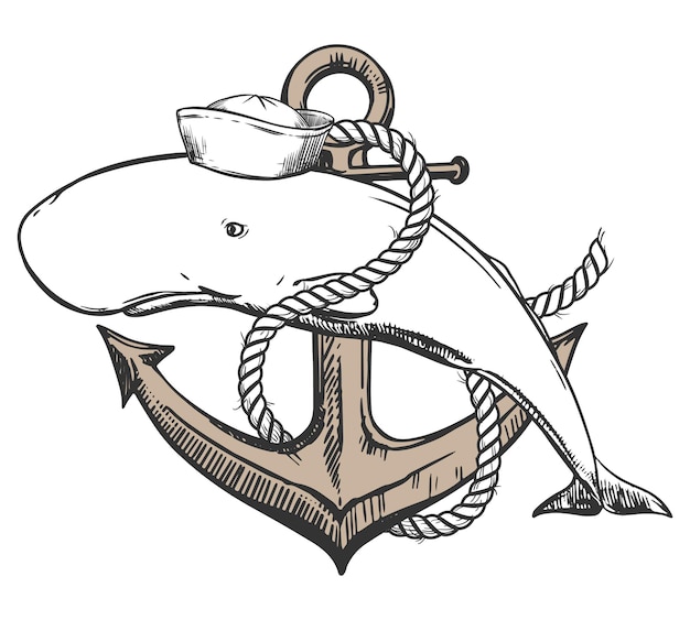 Vector cachalote blanco en marinero panamá ilustración creativa de una ballena entrelazada con una cuerda en el ancla dibujo de tatuaje de la vieja escuela idea surrealista para estampados de camisetas