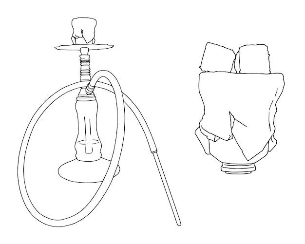 Cachimba con pipa y carbón bosquejo lineal doodle