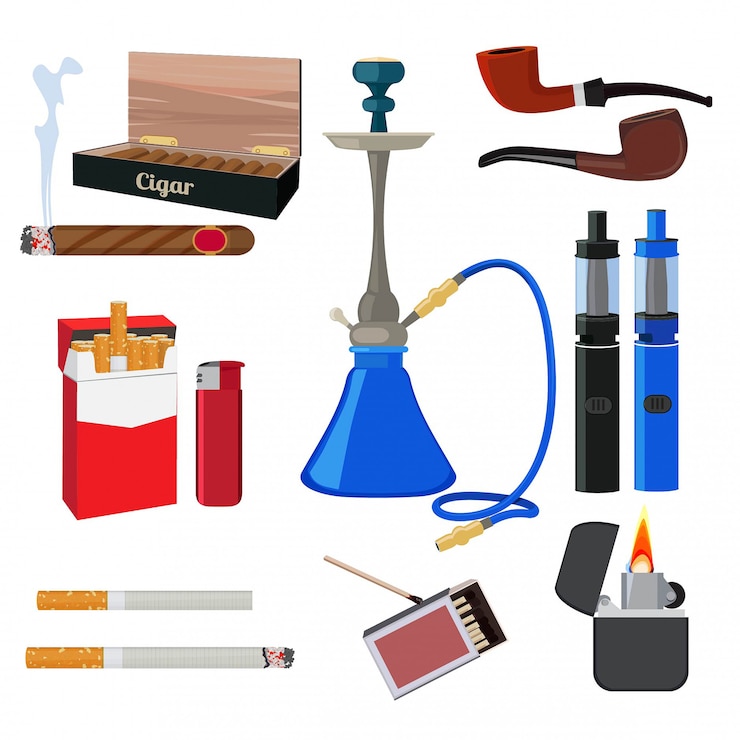 Vector cachimba, tabaco, cigarrillos y otras herramientas diferentes para fumadores.