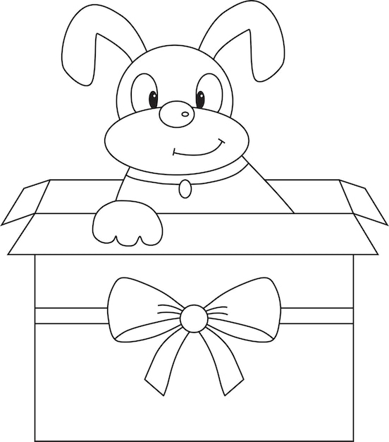 Cachorro en caja con lazo, regalo, coloreado infantil.