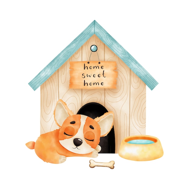 Vector cachorro de corgi acuarela durmiendo frente a la cabina. aislado sobre fondo blanco. ilustración acuarela