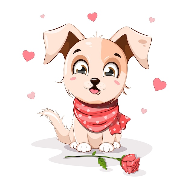 Vector un cachorro de dibujos animados lindo y alegre se sienta cerca de una rosa y corazones