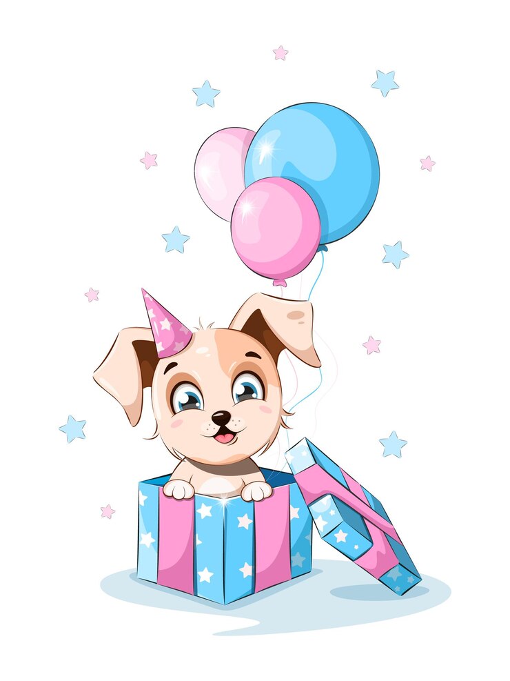 Vector cachorro de dibujos animados sentado en una caja de regalo con globos