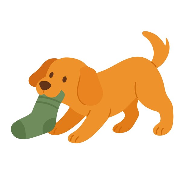 Cachorro naranja gracioso corriendo con calcetín verde en la boca Ilustración vectorial de estilo dibujos animados plana