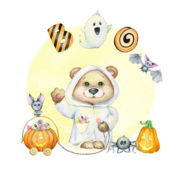 Cachorro de oso, calabaza con dulces, murciélagos, abucheos de texto. imágenes prediseñadas de acuarela, para la fiesta, halloween, en estilo de dibujos animados.