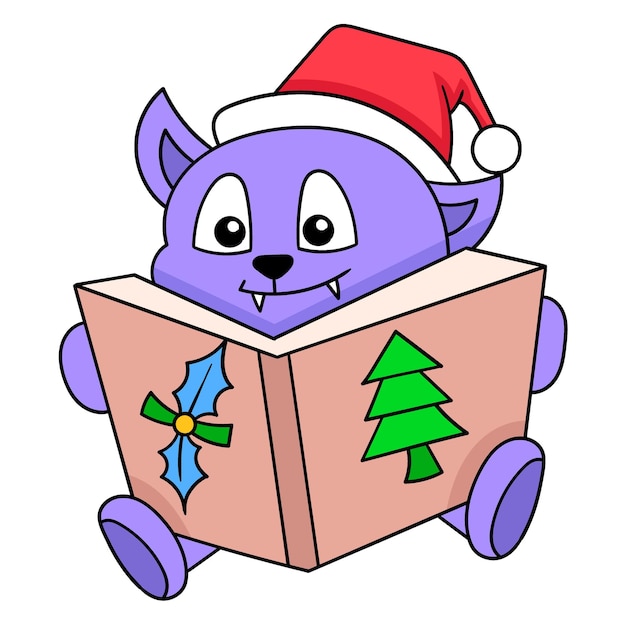 El cachorro de oso está leyendo un libro de cuentos en la víspera de navidad felizmente doodle imagen de icono kawaii